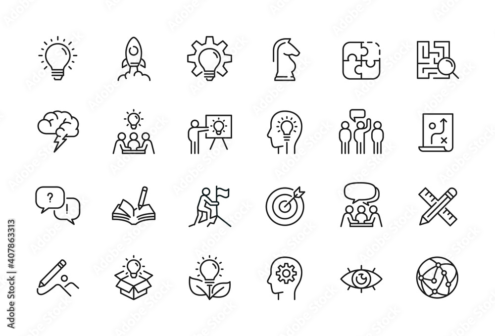 Creative business solutions related icon set. Innovation team management. Editable stroke. Pixel Perfect at 64x64 - obrazy, fototapety, plakaty 