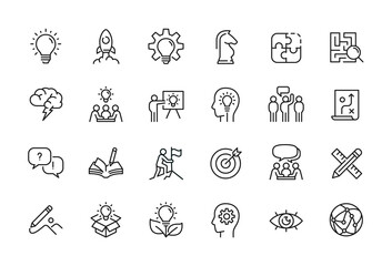 creative business solutions related icon set. innovation team management. editable stroke. pixel per