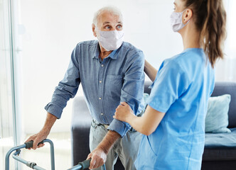 nurse doctor senior care caregiver help walker assistence retirement home nursing man virus mask cor