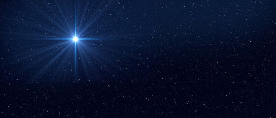 dark blue night sky with bright star. baner format. christmas star of bethlehem nativity, christmas 