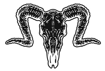 Hand drawn monochrome goat skull isolated on white background. Realistic design art element for print, tattoo. Retro vintage vector illustration.