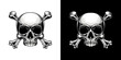 Traditional Jolly Roger design. Vector illustration of human skull with crossbones in engraving technique isolated on white background. 