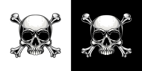 Traditional Jolly Roger design. Vector illustration of human skull with crossbones in engraving technique isolated on white background. 