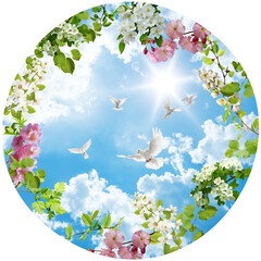 Wall Mural - spring flowers, doves all in one circle sky