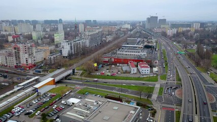 Sticker - Wola district of Warsaw city, Poland, view with Gorczewska and Aleja Prymasa Tysiaclecia Streets and PKP Mlynow railway station