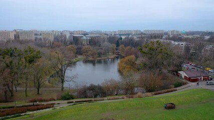 Canvas Print - Moczydlo Park in Kolo area, part of Wola district of Warsaw city, Poland, 4k drone footage