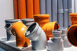 Sewer pvc fittings. Various parts of large diameters for pipeline installation. Close-up