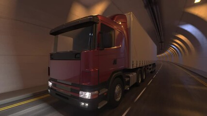 Wall Mural - Semi Trailer Truck Moving Inside an Empty Illuminated Tunnel 3D Rendering