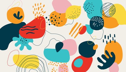 Poster - Modern scribble background. Trendy geometric doodle shapes, drops and natural forms. Modern bright creative colorful pattern with stripes and circles. Vector horizontal texture for fabric and print