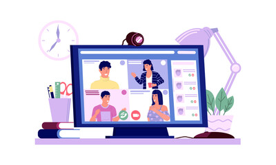 Poster - Video conference. Cartoon laptop with online business meeting or group call. Isolated modern computer on desktop. Web service for collective communication. People work from home vector illustration
