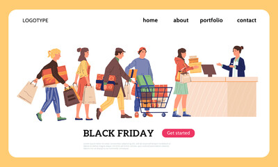 Poster - Shopping landing page. Cartoon buyers with purchases standing in line at cashier. Black Friday discount and special offers. Website interface design with buttons. Sale advertising. Vector web template