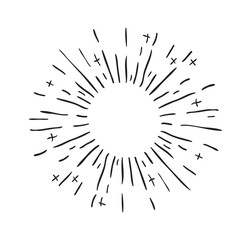 Poster - Hand drawn decorative starburst. Outline shining star with round frame and copy space. Isolated minimal explosion or firework. Contour line sketch of radial sunbeams. Flat style vector template