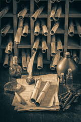 Poster - Old scribe library full of valuable manuscripts
