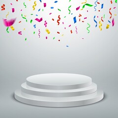 Poster - Round winner podium with confetti. Realistic empty stepped stage. 3D white pedestal with glossy surface. Blur motion of colorful celebrative glitter. Vector champion platform for award ceremony