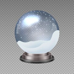 Poster - Snow ball. Realistic Christmas snowglobe on transparent background. 3D blank shiny souvenir with white snowflakes. Scratched surface of textured glass sphere. Vector decorative round Xmas toy mockup