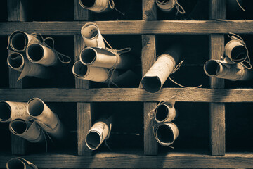 Poster - Closeup of magic library with scrolls in wooden box