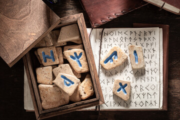 Poster - Rune stones made of Celtic language and vintage book
