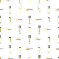 Wall Mural - Seamless pattern with cartoon hand saw, axe, shovel on white background. Gardening tool. Vector illustration for any design