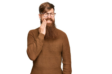 Poster - Young irish redhead man wearing casual clothes and glasses touching mouth with hand with painful expression because of toothache or dental illness on teeth. dentist