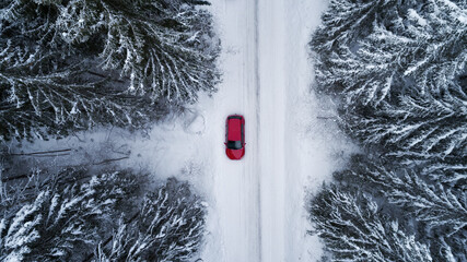 Wall Mural - Aerial view of red car driving through the white snow winter forest on country road. Beautiful snow covered trees.