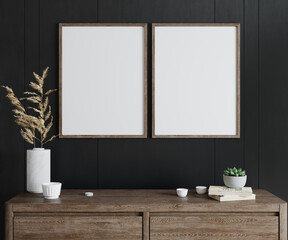 Mockup frame in living room interior with wooden console, two vertical wooden frame on black wall background, 3d render