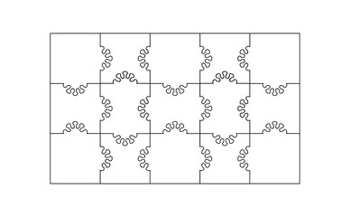 Fototapete - Set of 15 jigsaw puzzle pieces with virus element. Puzzle with different types of details and the ability to move each part. Black and white vector illustration isolated on white background.
