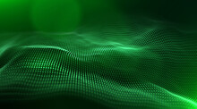 Abstract Green Particle Background. Flow Wave With Dot Landscape. Digital Data Structure. Future Mesh Or Sound Grid. Pattern Point Visualization. Technology Vector Illustration.