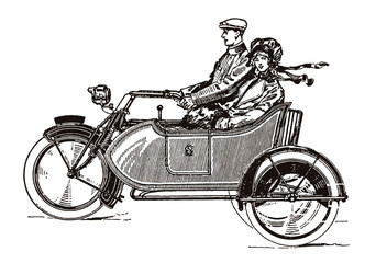 Young man and smiling young woman from the early 20th century riding classic motorcycle with sidecar