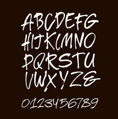 Wall Mural - vector acrylic brush style hand drawn alphabet font. calligraphy alphabet and numbers on a black bac