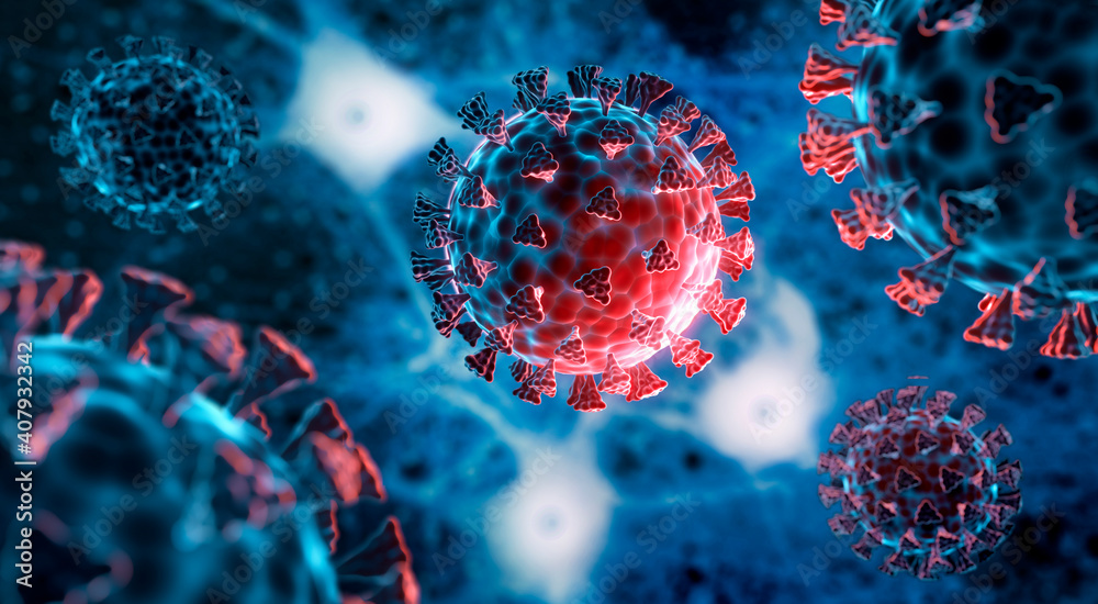 Detaillierter Corona Virus mit Mutation und Nervenzellen - obrazy, fototapety, plakaty 