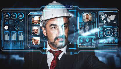 Facial recognition technology for industry worker to access machine control . Future concept interface showing digital biometric security system that analyze human face to verify personal data .