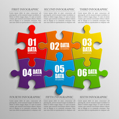 Poster - Six sided 3d puzzle presentation infographic template with explanatory text field for business statistics