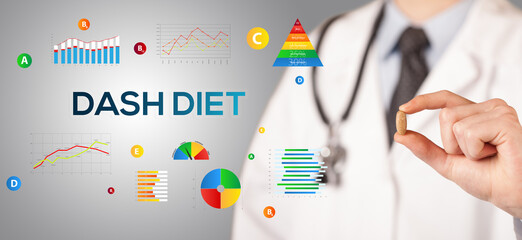 Nutritionist giving you a pill with DASH DIET inscription, healthy lifestyle concept