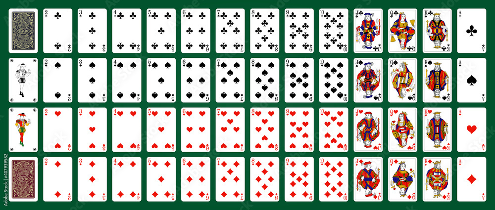 Poker playing cards, full deck - Green background in a separate layer - obrazy, fototapety, plakaty 