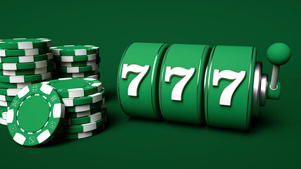 Green And White Slot Machine With  Chips, Isolated On The Green Background. Casino Modern Concept - 3D Illustration 