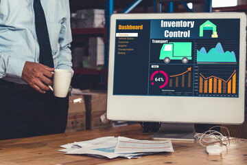 Poster - Warehouse management software application in computer for real time monitoring of goods package delivery . PC screen showing smart inventory dashboard for storage and supply chain distribution .