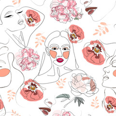 Wall Mural - Seamless Pattern with Woman Faces One Line Art Portrait with Flowers. Female Facial Expression. Hand Drawn Linear Woman in Hat Silhouette Background. Vector illustration