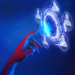 hand touching cloud symbol in neon lighting, business cloud storage network concept, networking communication, data provision and cloud computing services