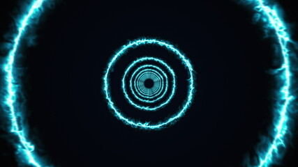 Poster - Rotating rings of energy form an endless tunnel, computer generated. 3d rendering of bright backdrop