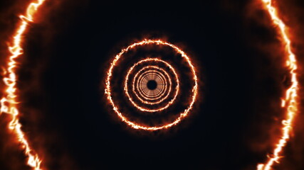 Poster - Rotating fire rings form an endless tunnel, computer generated. 3d rendering of bright backdrop
