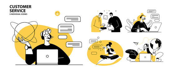 Customer service concept illustrations. Collection of individual scenes for technical support assistant, customer and operator vector. Customer service, hotline operator advises customer, online