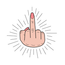 The middle finger hand drawn sign. Vector pencil sketch illustration of fuck you sign. Isolated on white background.