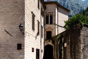 Old building in the narrow streets of the old town in Kotor, Montenegro