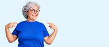 Senior Woman With Gray Hair Wearing Casual Clothes And Glasses Looking Confident With Smile On Face, Pointing Oneself With Fingers Proud And Happy.
