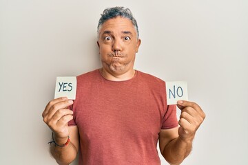 Wall Mural - Handsome middle age mature man holding yes and no reminder puffing cheeks with funny face. mouth inflated with air, catching air.