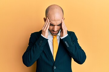 Sticker - Young hispanic man wearing business suit and tie with hand on head for pain in head because stress. suffering migraine.