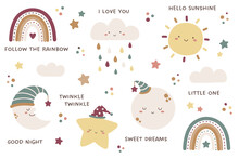 Set Of Sky And Weather Themed Cute Characters And Design Elements. Sun, Clouds, Rainbows, Raindrops, Moon, Crescent, And Stars. Kawaii Characters Of Sun, Cloud, Moon, And Star.