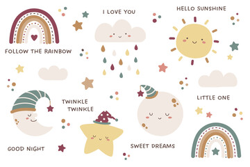 set of sky and weather themed cute characters and design elements. sun, clouds, rainbows, raindrops,