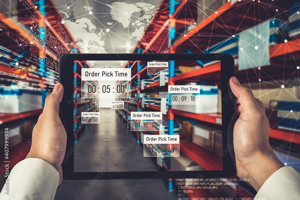 Smart warehouse management system using augmented reality technology to identify package picking and delivery . Future concept of supply chain and logistic business . - obrazy, fototapety, plakaty 