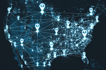 USA People network and national connection in innovative perception. Business people with modern graphic interface linking many people around country by social media to connect international business.